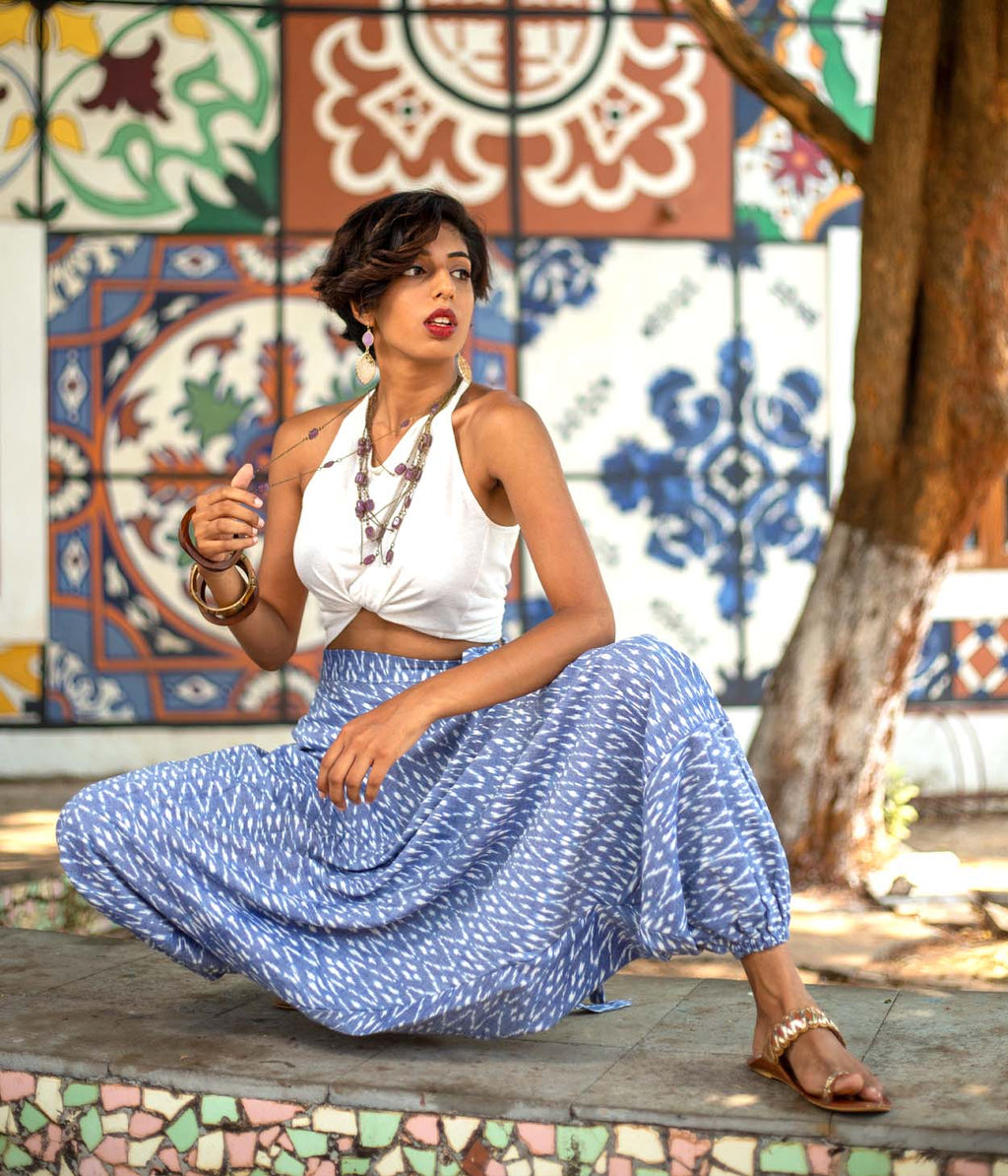 Ikat Denim Blue Patterned Boho Pant