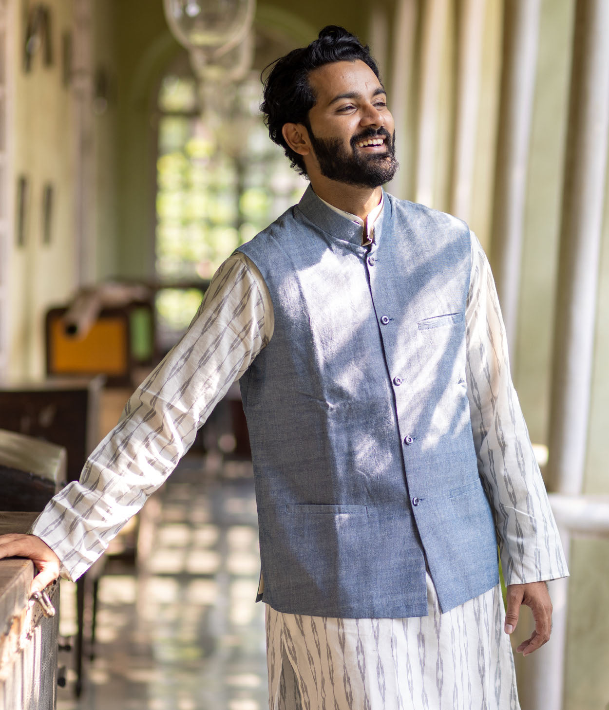 Ikat Denim Blue Solid Mens Nehru Jacket Main image