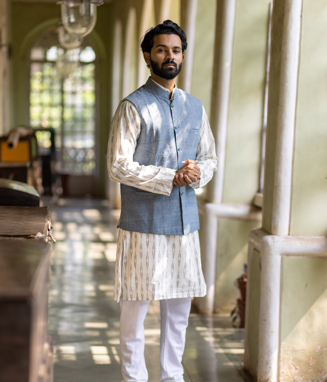 Ikat Denim Blue Solid Mens Nehru Jacket Secondary image