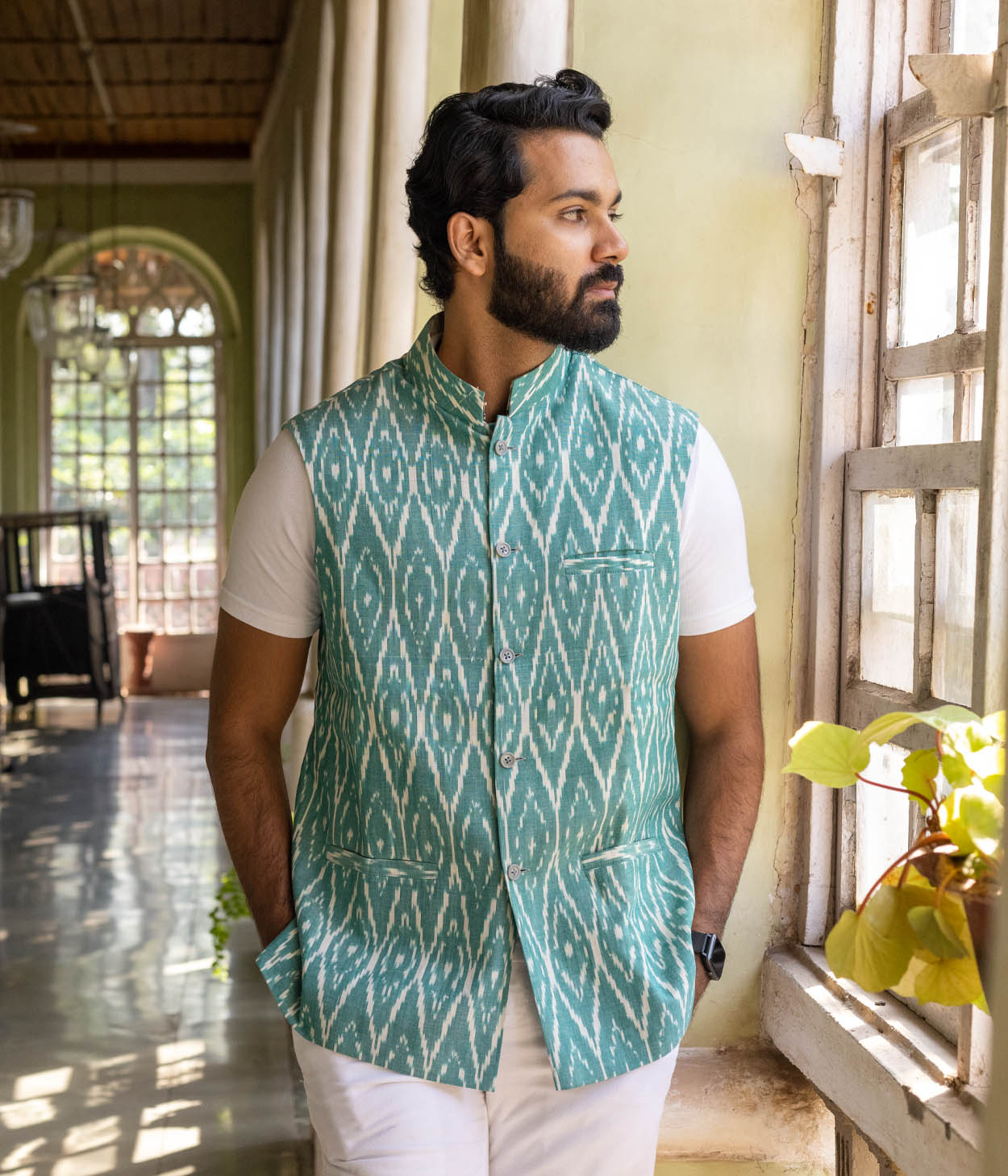 Ikat Green Patterned Mens Nehru Jacket Main image