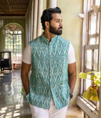 Ikat Green Patterned Mens Nehru Jacket