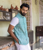 Ikat Green Patterned Mens Nehru Jacket