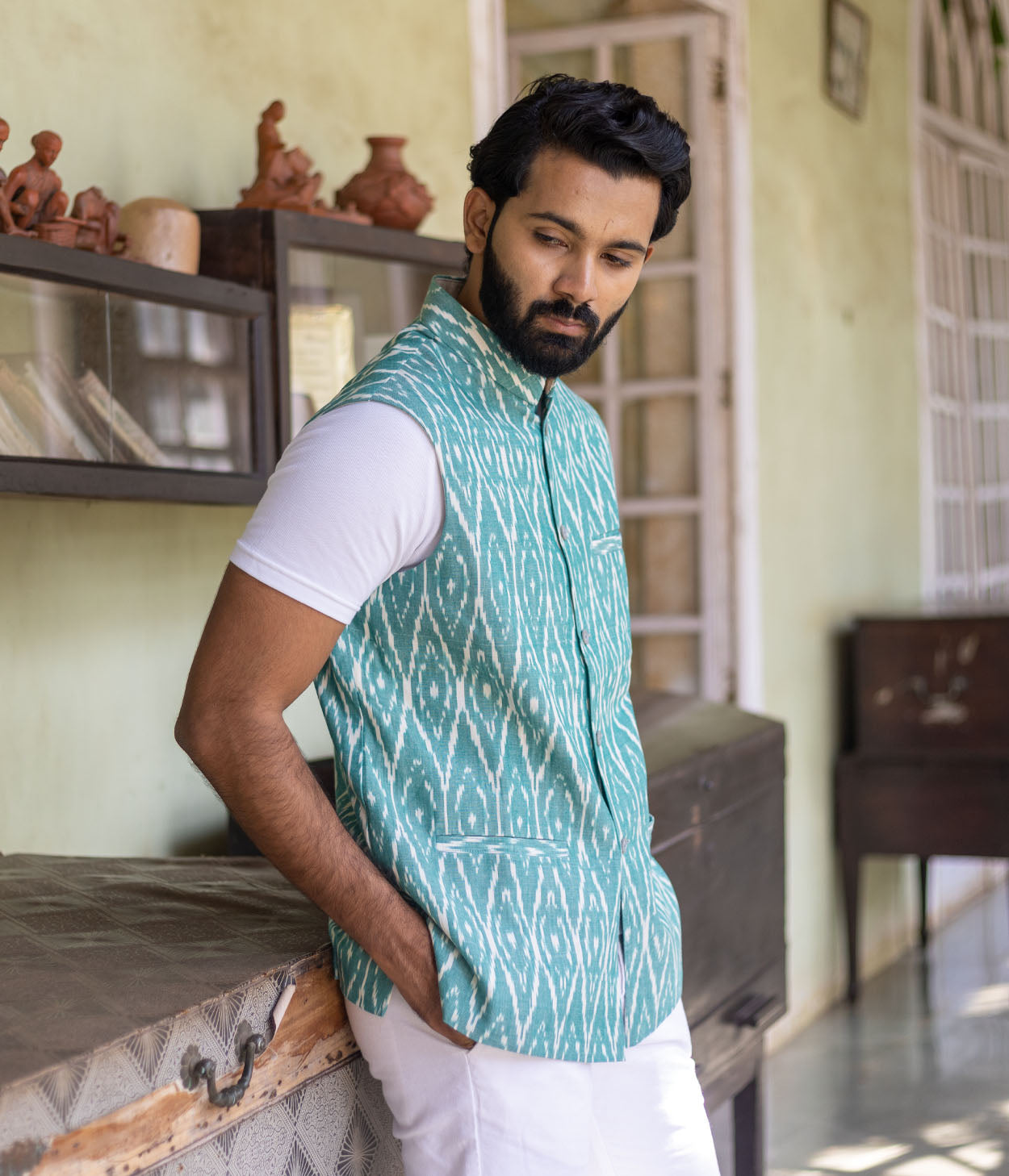 Ikat Green Patterned Mens Nehru Jacket