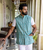Ikat Green Patterned Mens Nehru Jacket