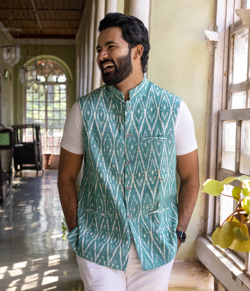 Ikat Green Patterned Mens Nehru Jacket