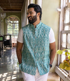 Ikat Green Patterned Mens Nehru Jacket