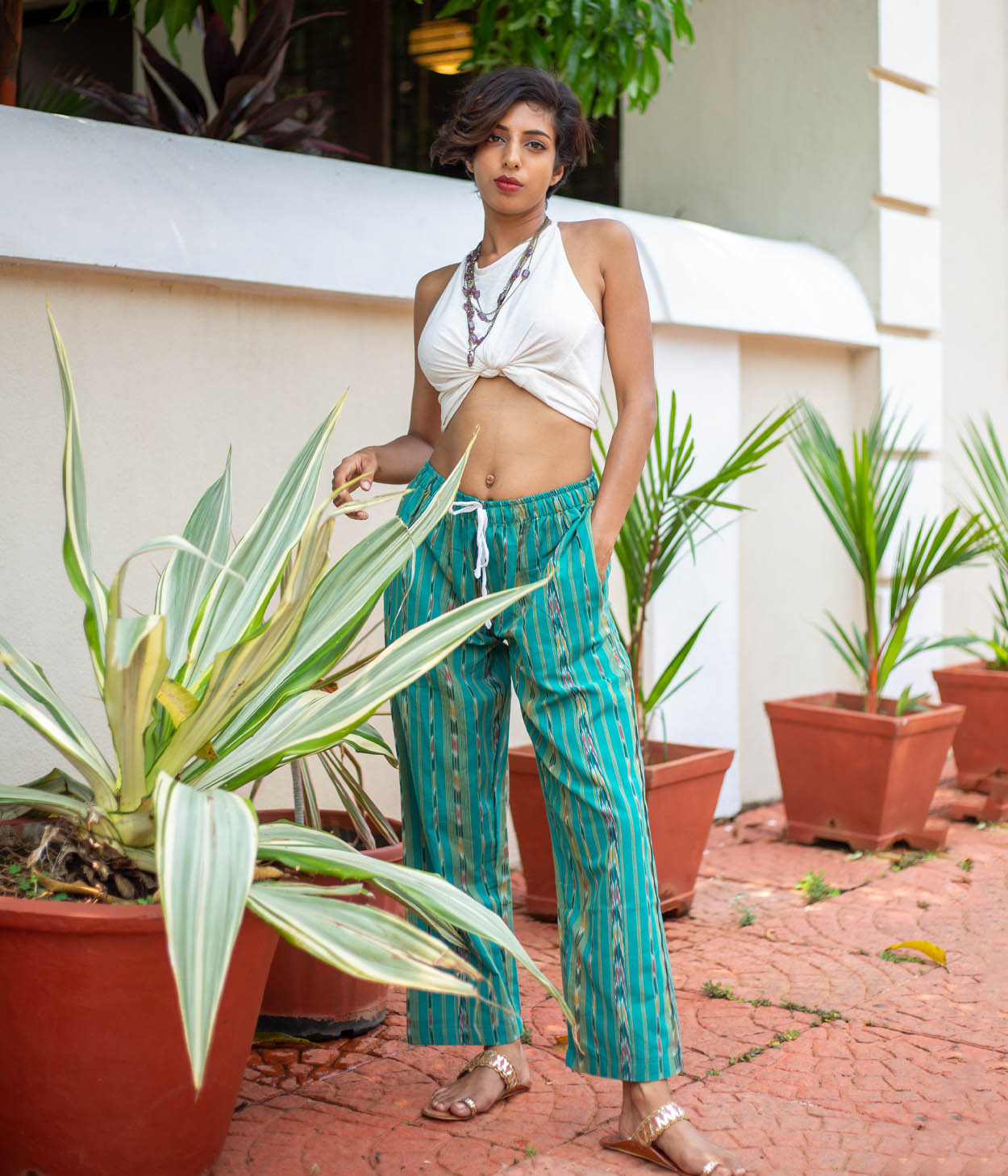 Ikat Green Striped Unisex Trousers Main image