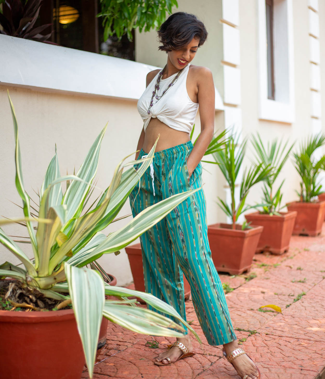 Ikat Green Striped Unisex Trousers Secondary image