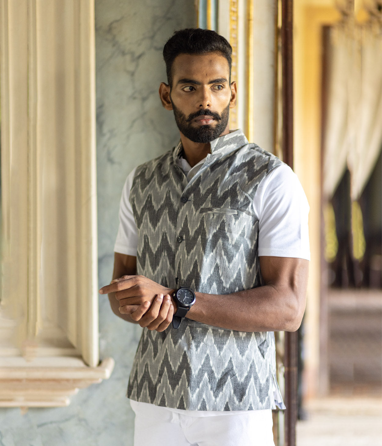 Ikat Grey Chevrons Mens Nehru Jacket Main image