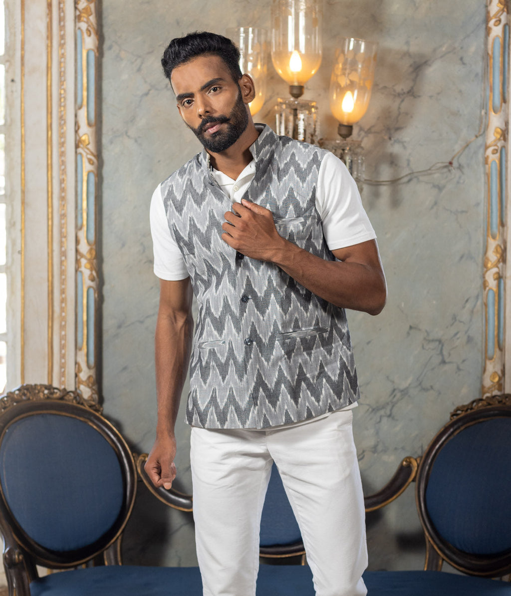 Ikat Grey Chevrons Mens Nehru Jacket