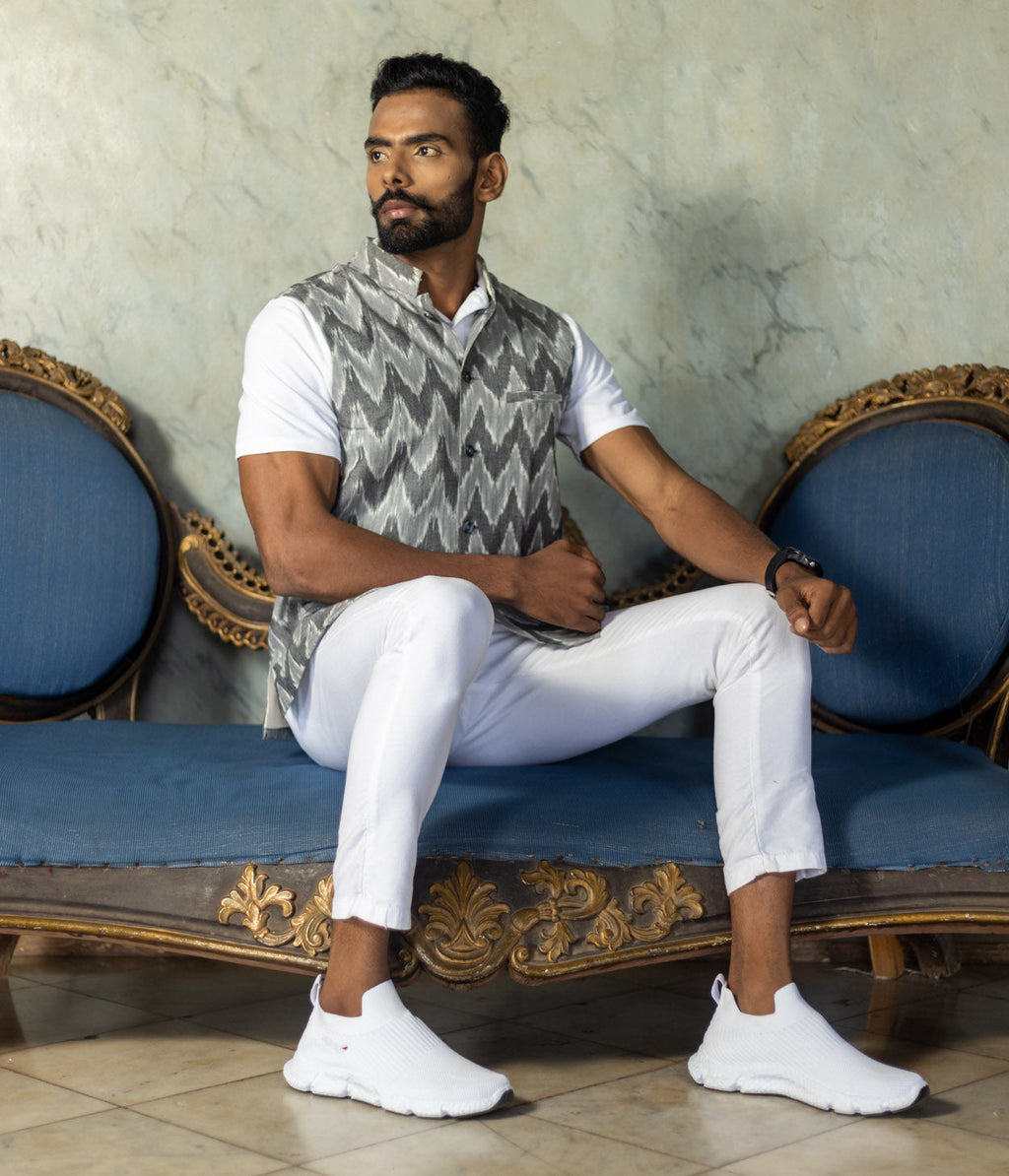 Ikat Grey Chevrons Mens Nehru Jacket