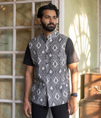 Ikat Grey Diamond Patterned Mens Nehru Jacket