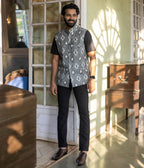 Ikat Grey Diamond Patterned Mens Nehru Jacket