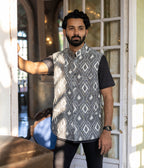 Ikat Grey Diamond Patterned Mens Nehru Jacket