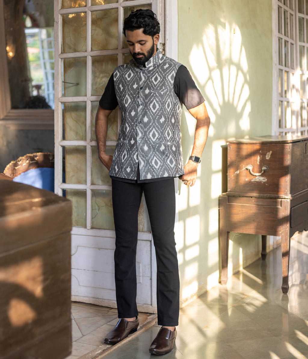 Ikat Grey Diamond Patterned Mens Nehru Jacket