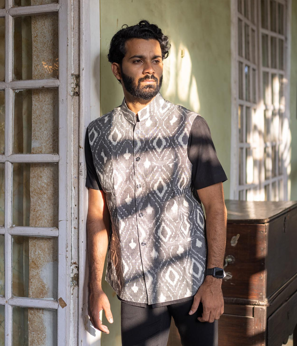 Ikat Grey Diamond Patterned Mens Nehru Jacket