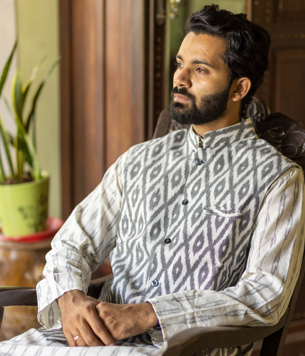 Ikat Grey Diamonds Mens Nehru Jacket