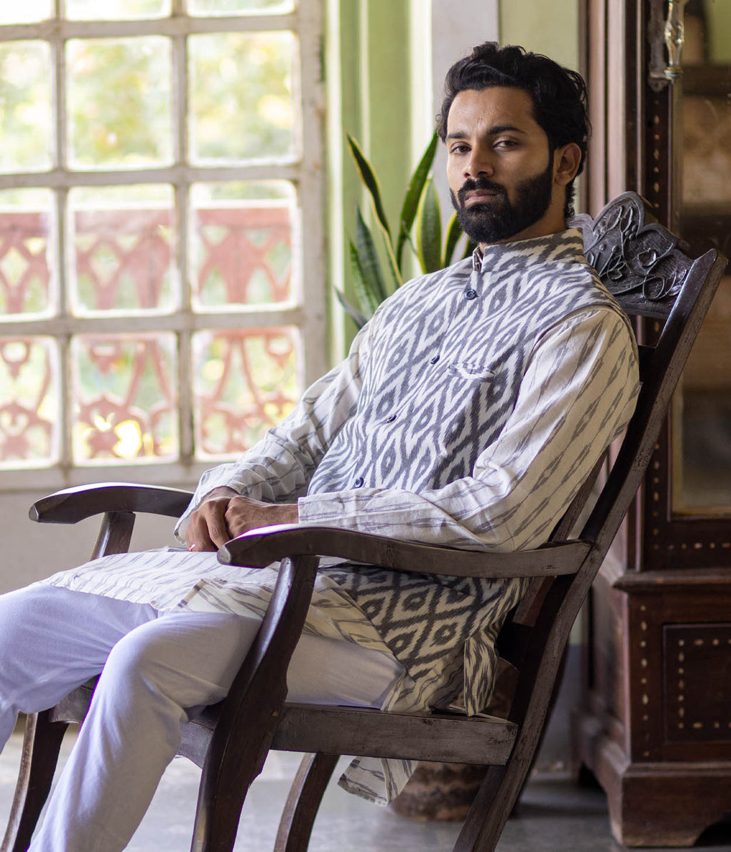 Ikat Grey Diamonds Mens Nehru Jacket