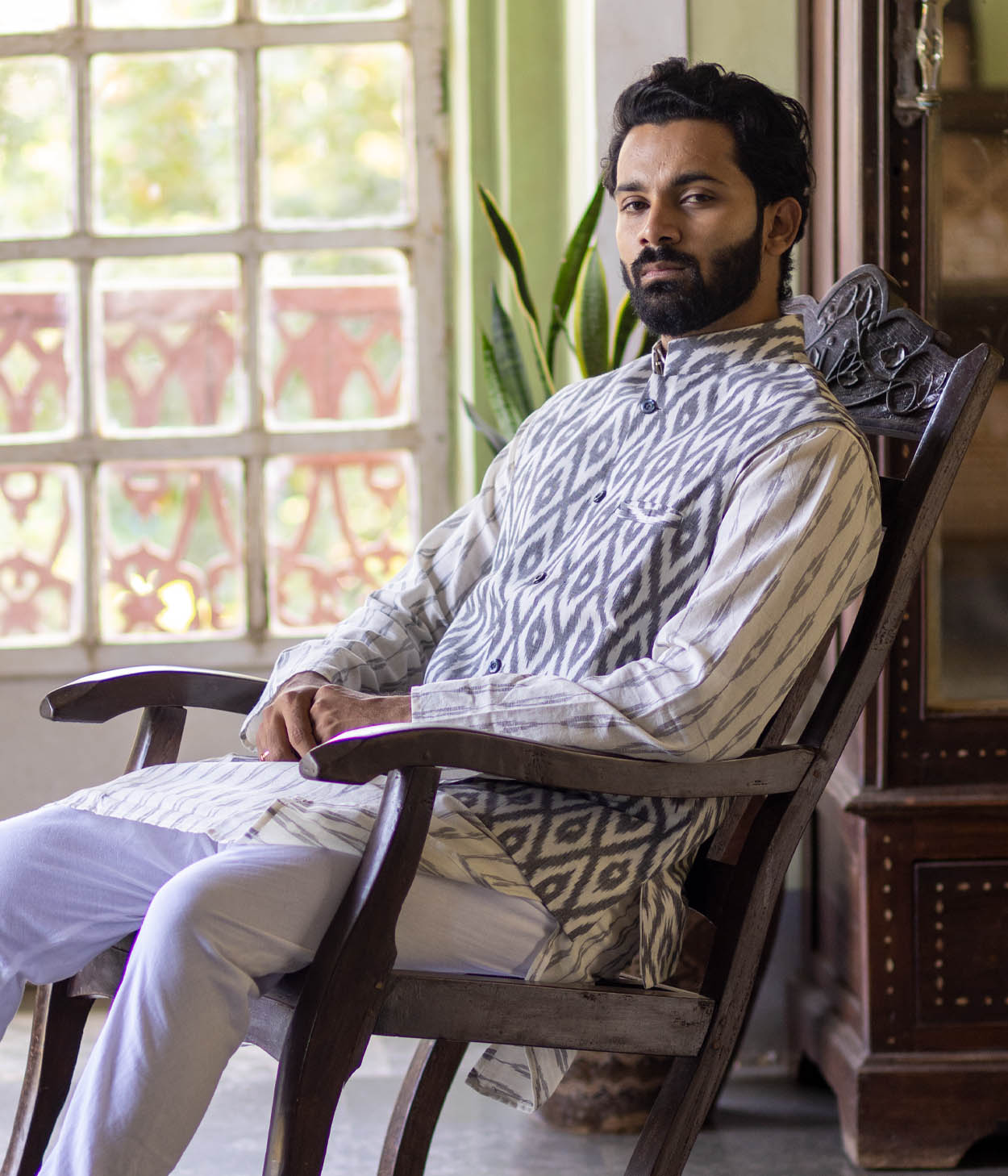 Ikat Grey Diamonds Mens Nehru Jacket