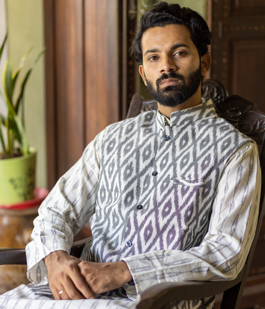 Ikat Grey Diamonds Mens Nehru Jacket