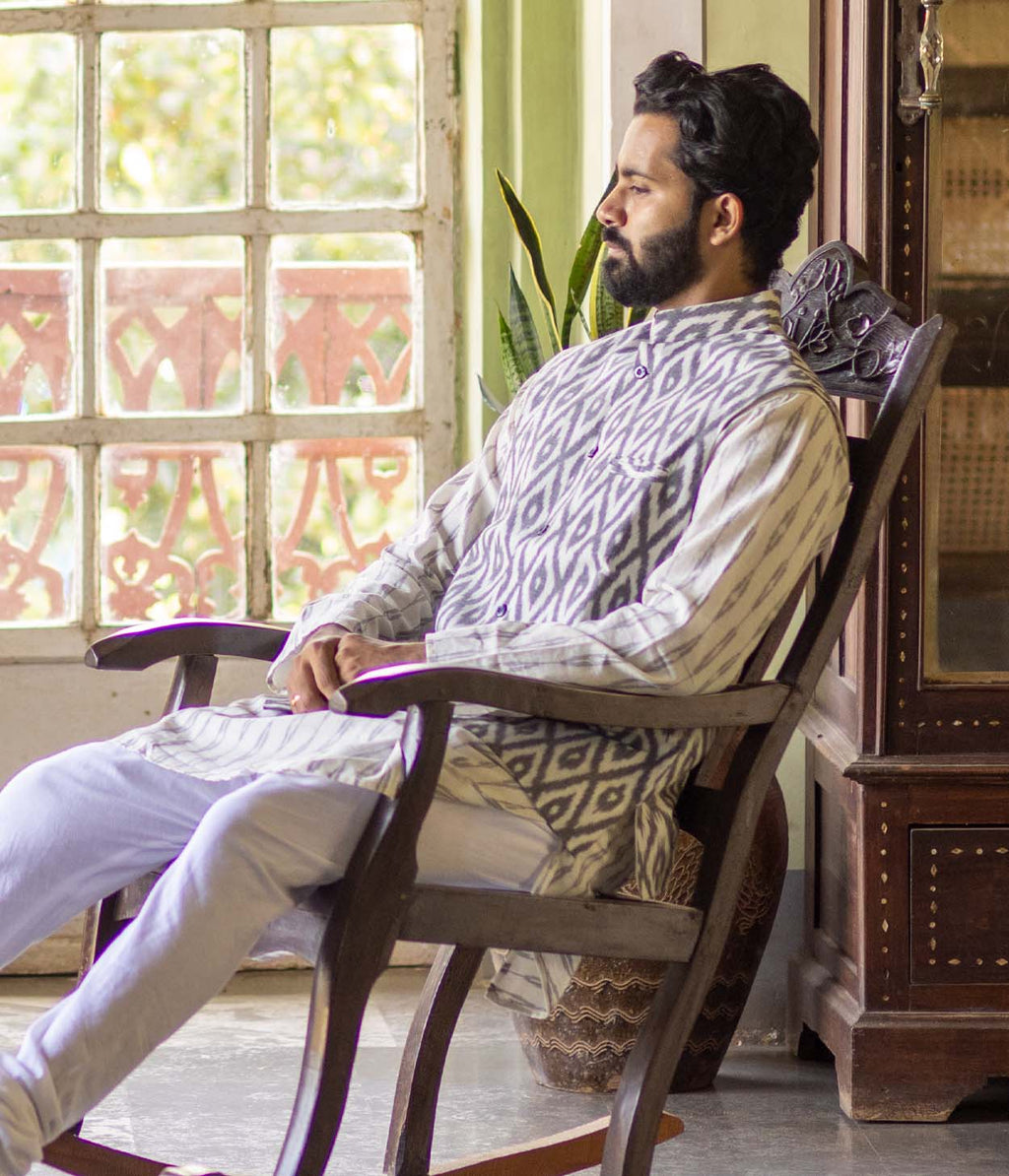 Ikat Grey Diamonds Mens Nehru Jacket