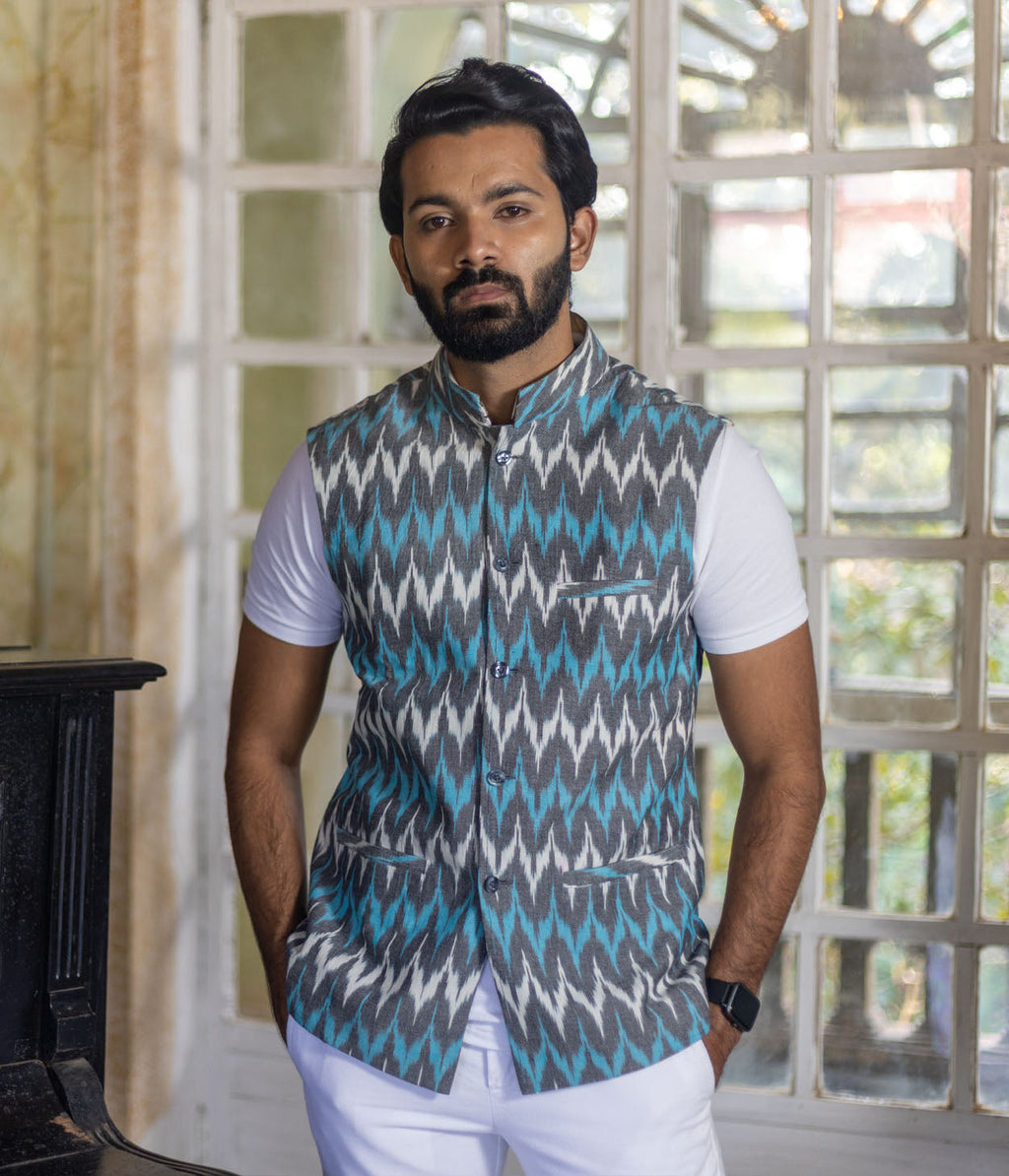 Ikat Grey-Turquoise Chevrons Mens Nehru Jacket