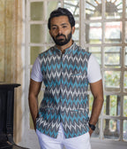 Ikat Grey-Turquoise Chevrons Mens Nehru Jacket