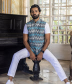 Ikat Grey-Turquoise Chevrons Mens Nehru Jacket
