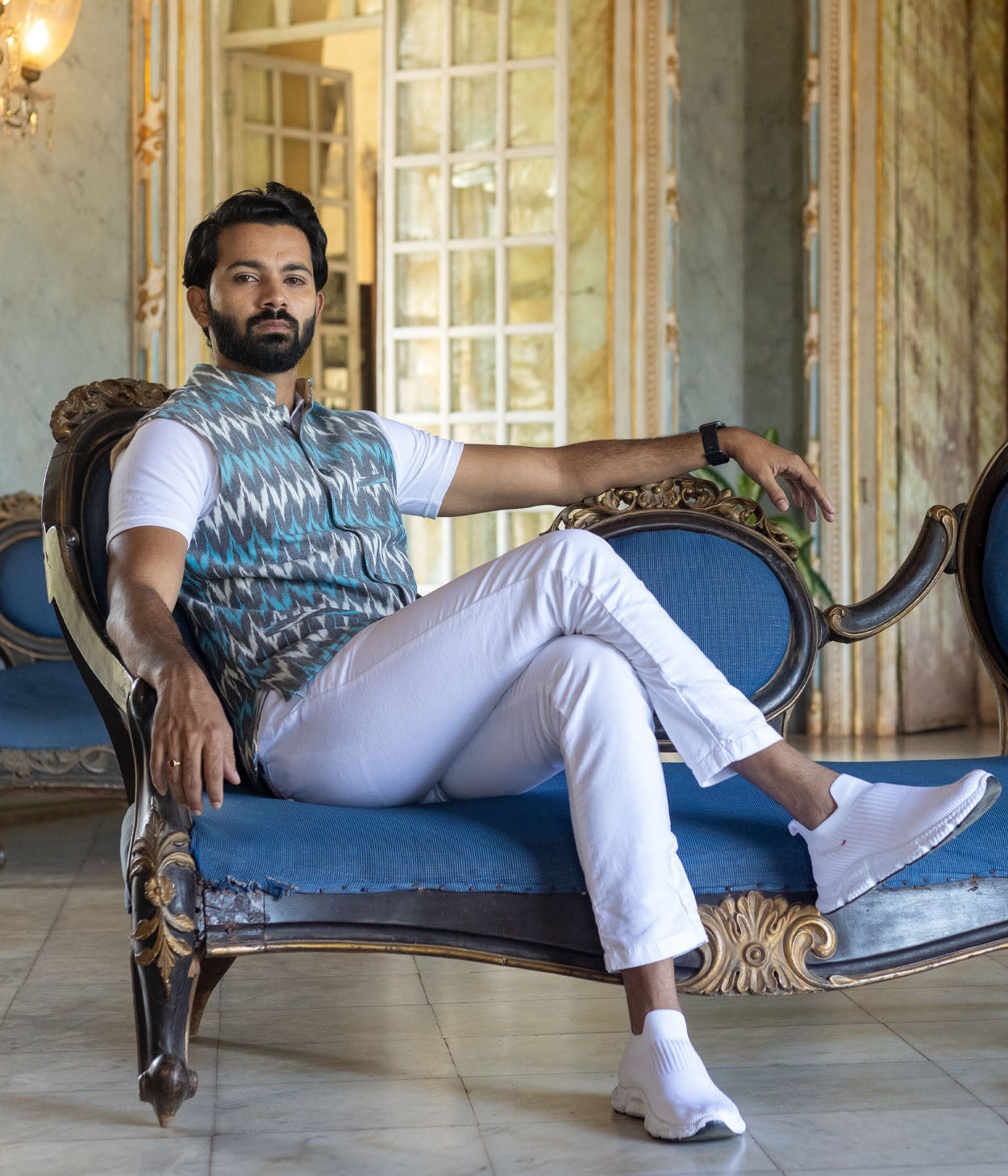 Ikat Grey-Turquoise Chevrons Mens Nehru Jacket