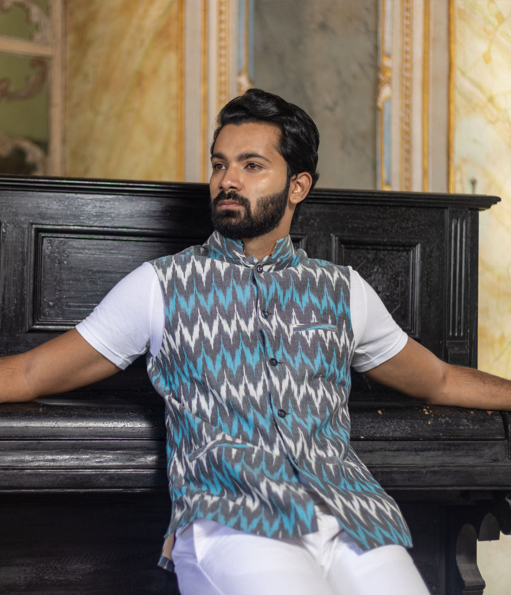 Ikat Grey-Turquoise Chevrons Mens Nehru Jacket