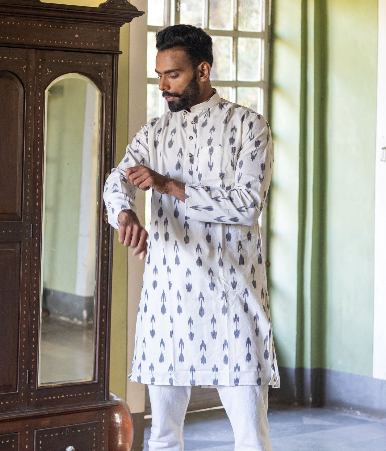 Ikat White-Grey Arrows Mens Long Kurta Main image