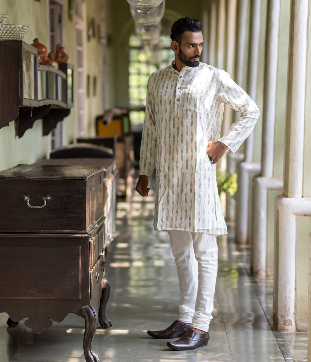 Ikat White-Grey Patterned Mens Long Kurta