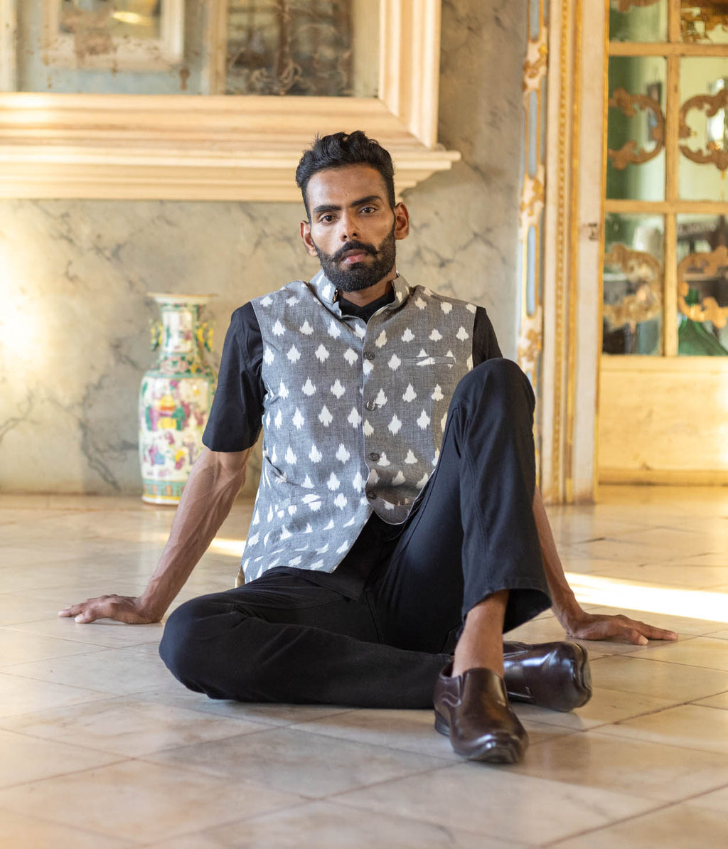 Ikat Grey-White Patterned Mens Nehru Jacket