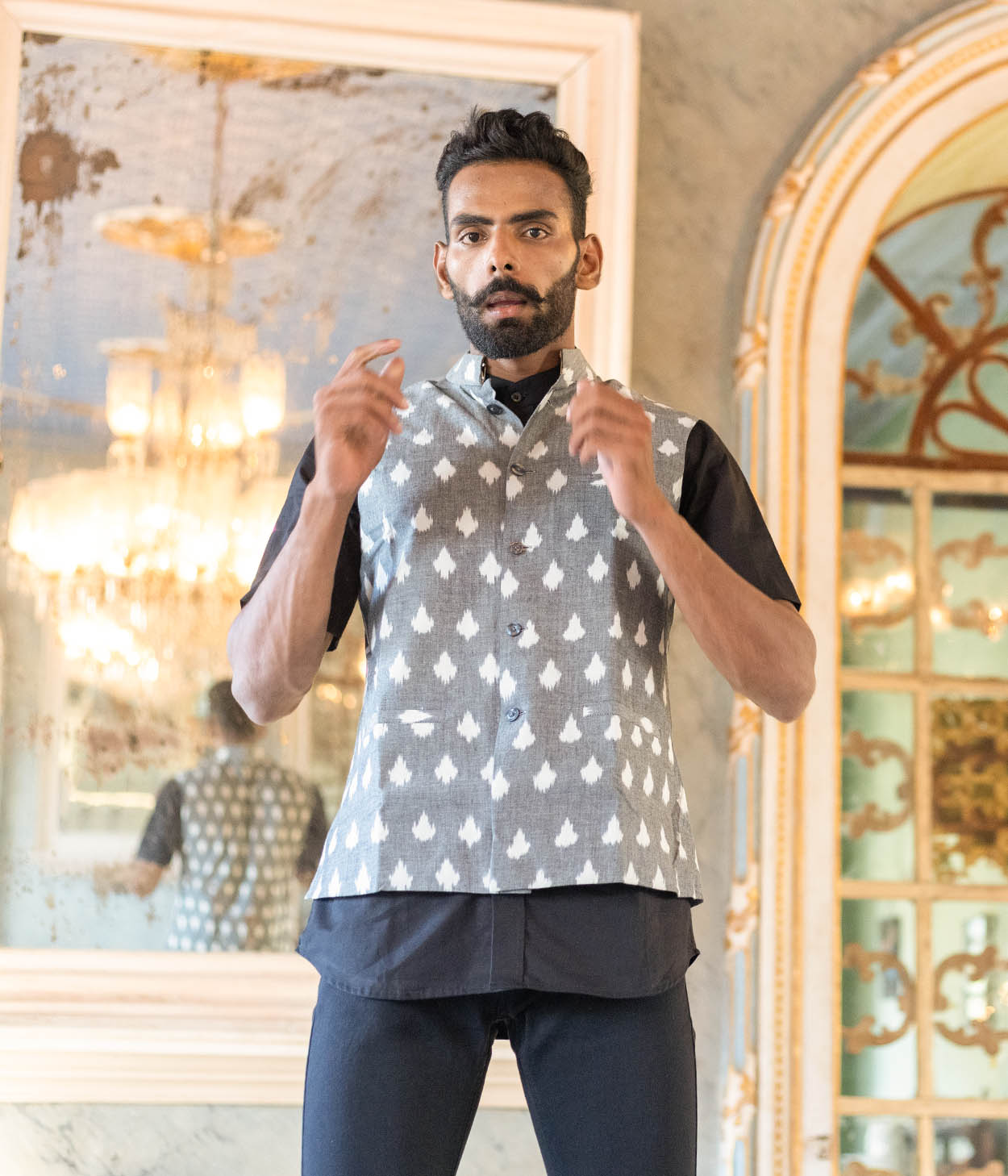 Ikat Grey-White Patterned Mens Nehru Jacket