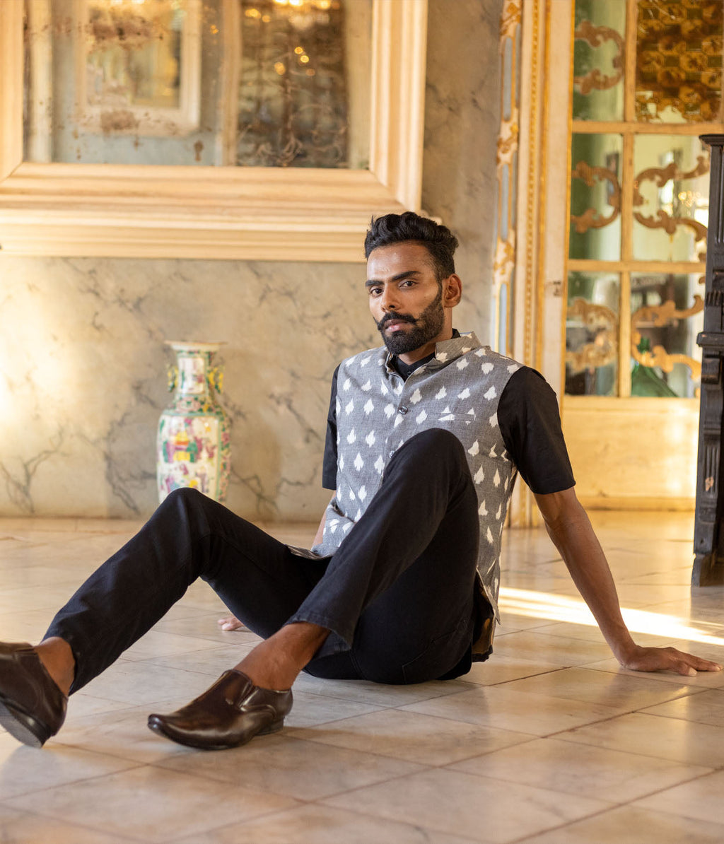 Ikat Grey-White Patterned Mens Nehru Jacket