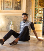 Ikat Grey-White Patterned Mens Nehru Jacket