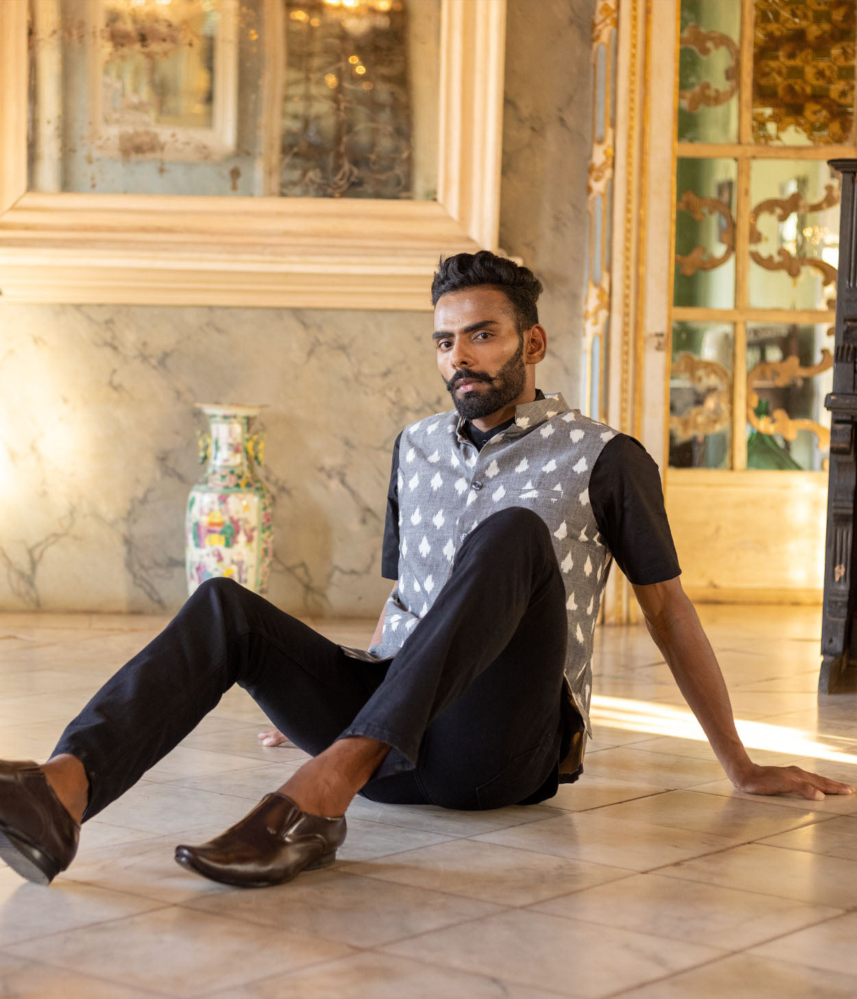 Ikat Grey-White Patterned Mens Nehru Jacket