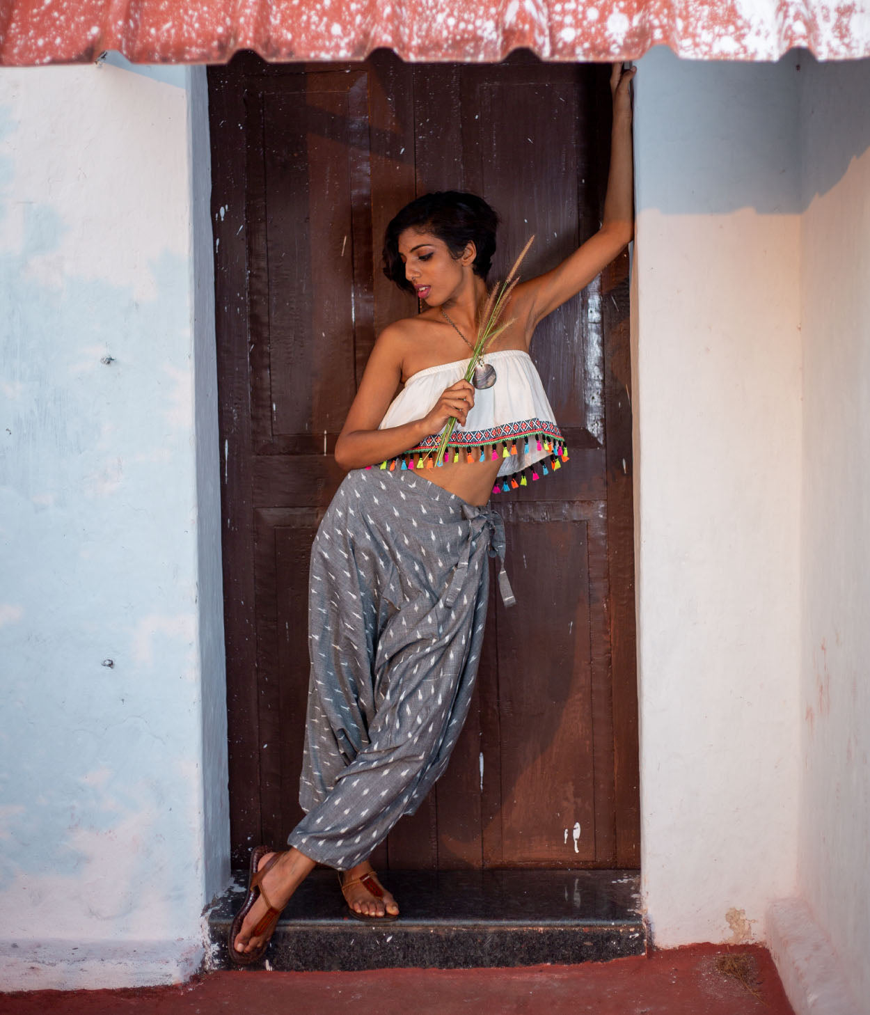 Ikat Grey-White Patterned Boho Pant Main image