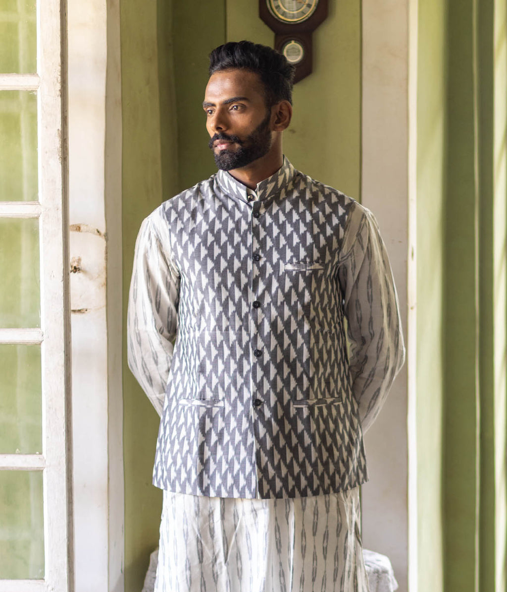 Ikat Grey-White Triangles Mens Nehru Jacket