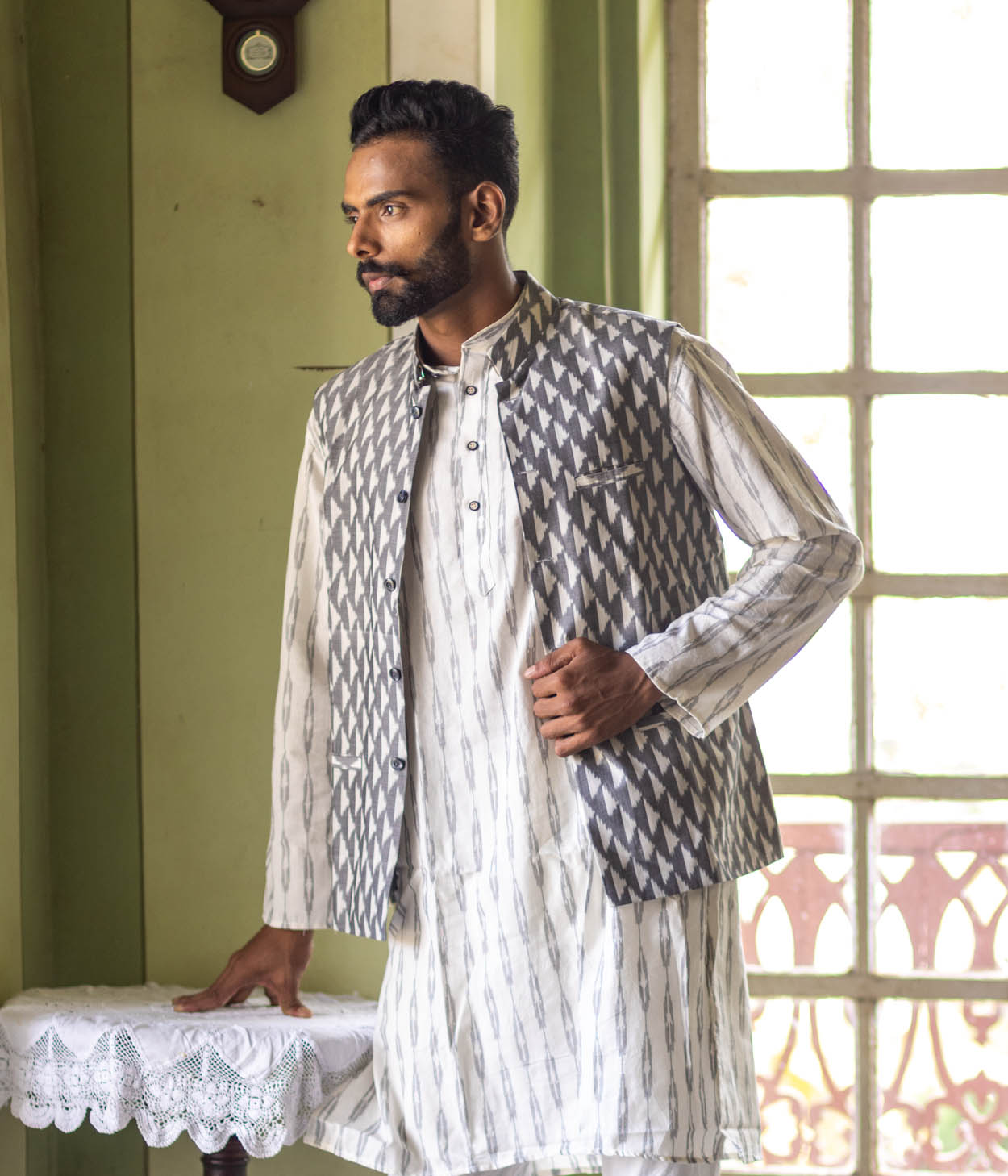 Ikat Grey-White Triangles Mens Nehru Jacket