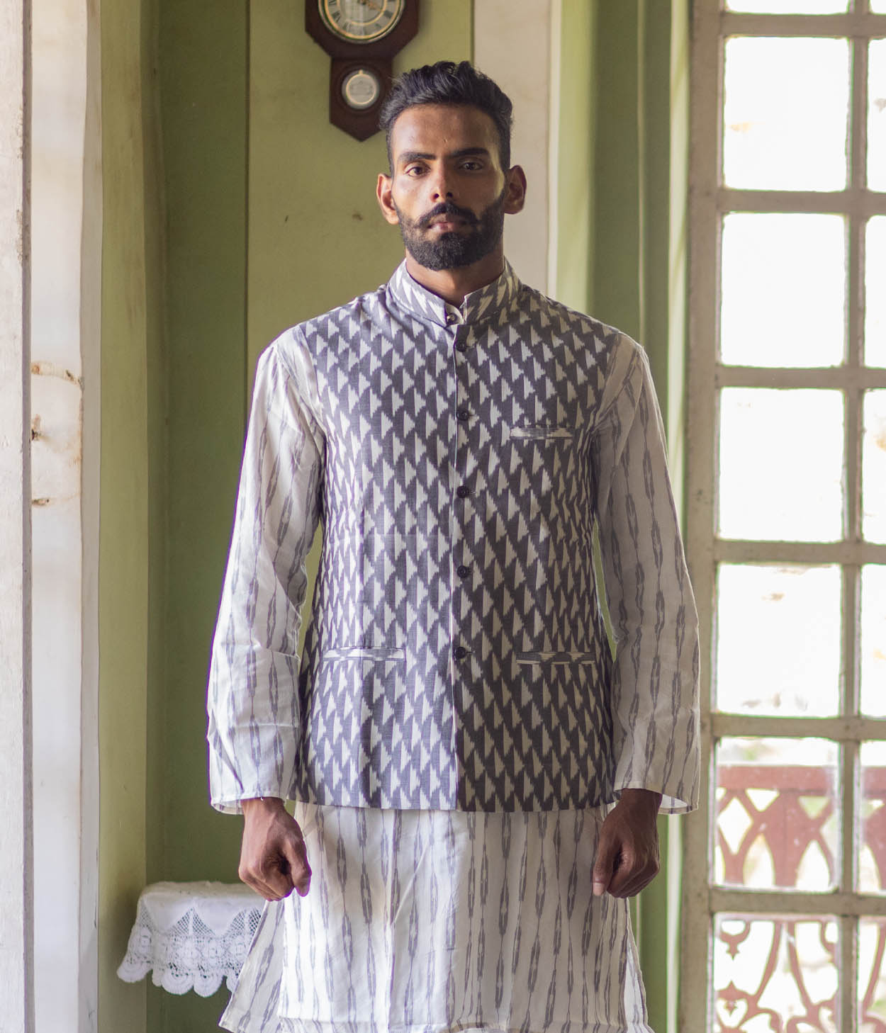 Ikat Grey-White Triangles Mens Nehru Jacket