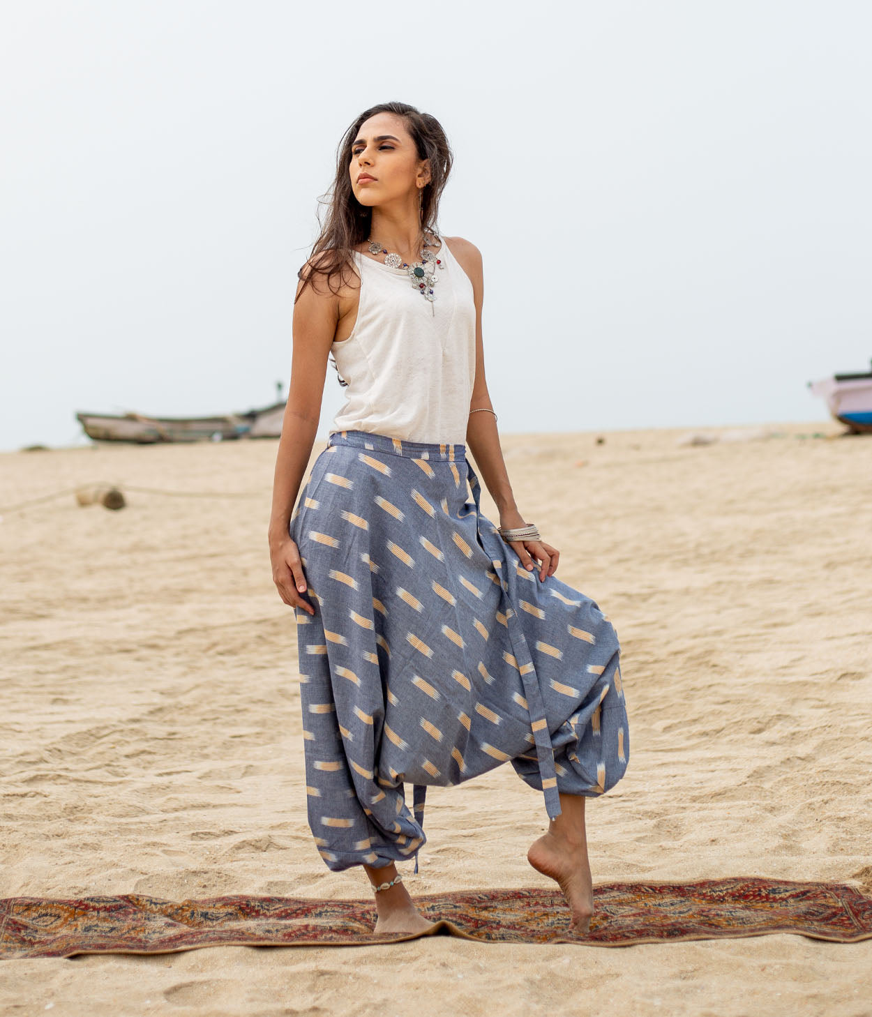 Ikat Grey-Yellow Patterned Boho Pant Main image