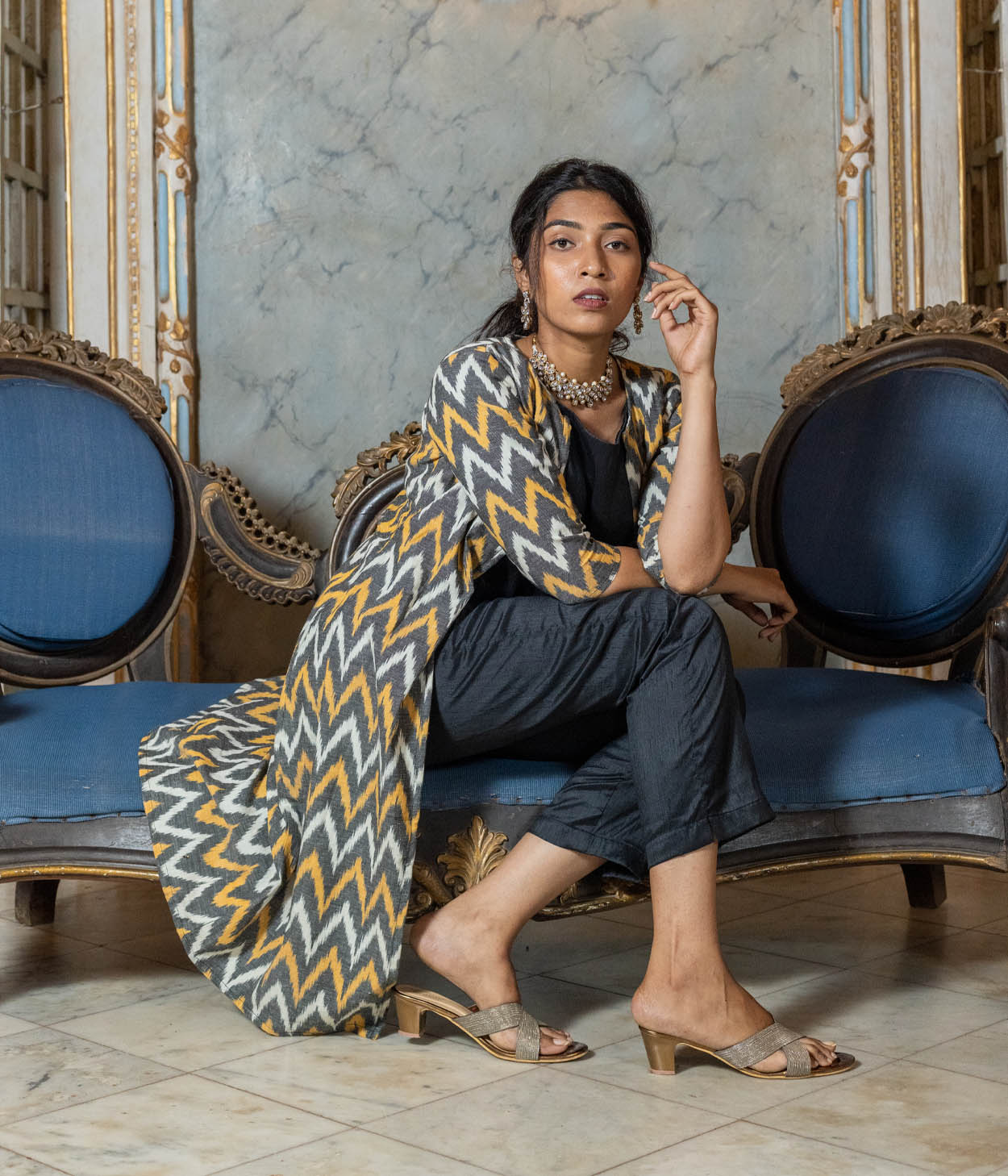 Ikat Grey-Yellow Waves Women's Long Jacket