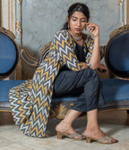 Ikat Grey-Yellow Waves Women's Long Jacket