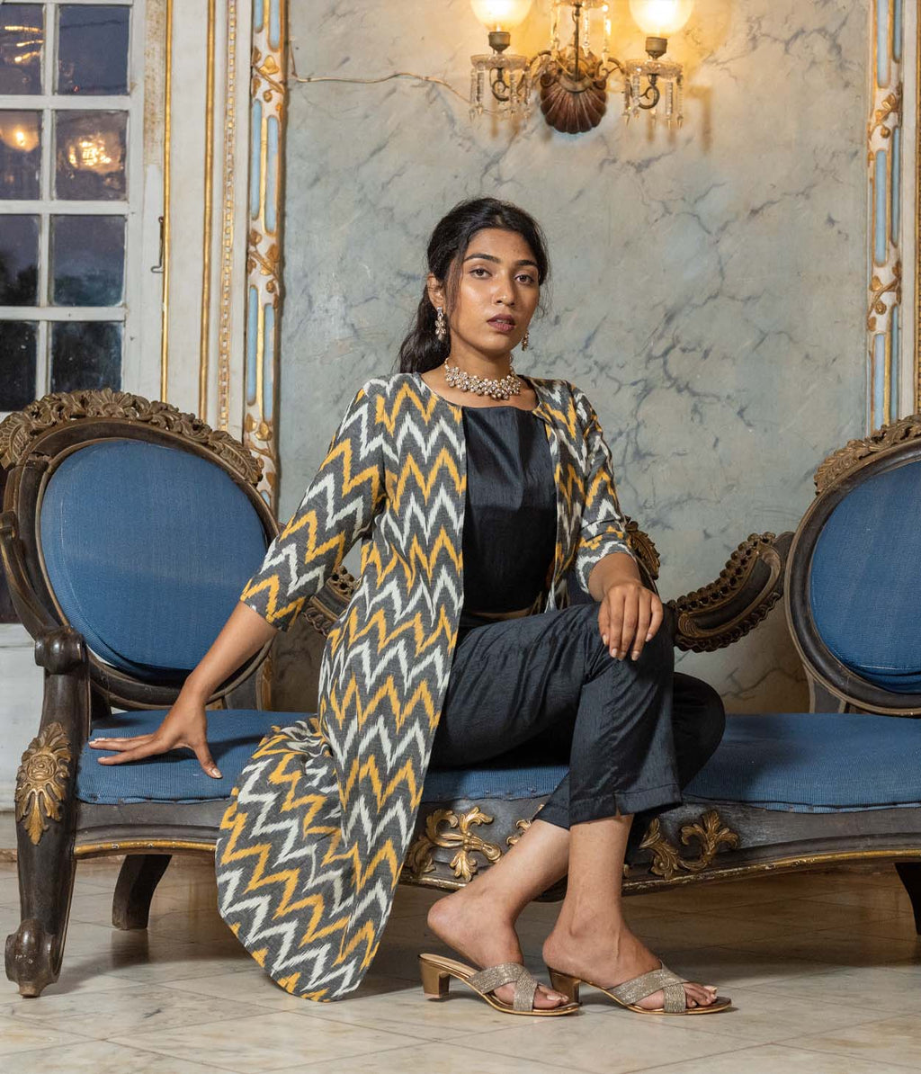 Ikat Grey-Yellow Waves Women's Long Jacket