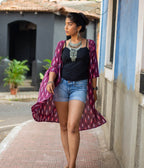 Ikat Maroon Patterned Women's Long Jacket