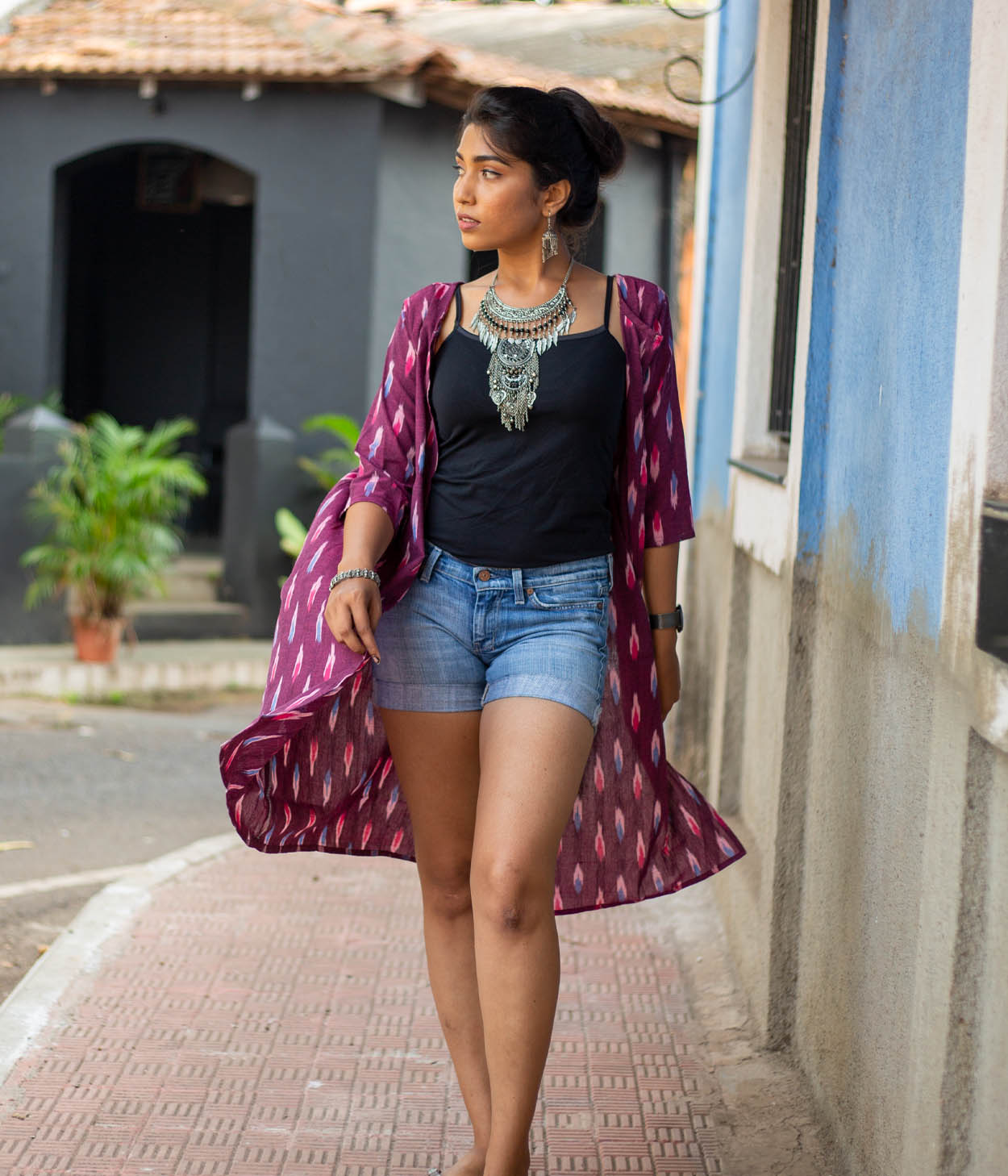 Ikat Maroon Patterned Women's Long Jacket