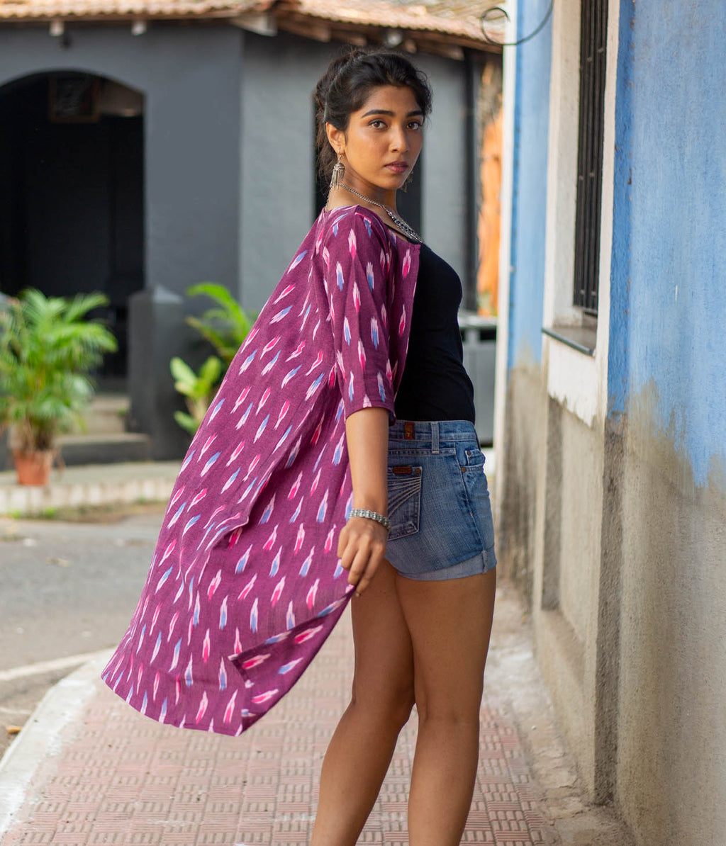 Ikat Maroon Patterned Women's Long Jacket