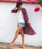 Ikat Maroon-White Striped Women's Long Jacket