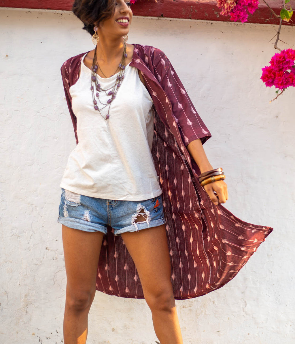Ikat Maroon-White Striped Women's Long Jacket